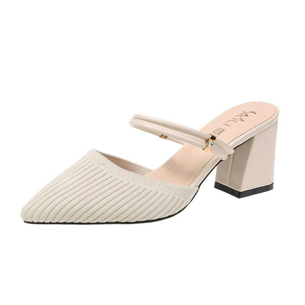 Two Wearing Ways Elegant Women Pointed Toe Chunky High Heel Slippers Shoes