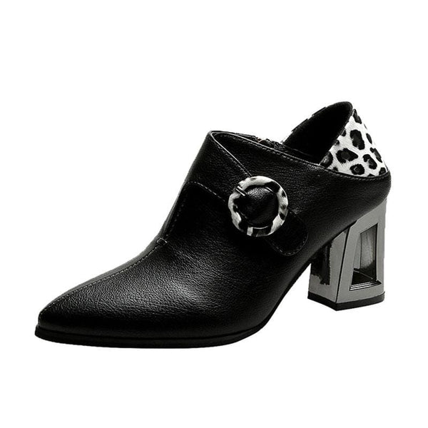 Two Wearing Ways Women Fashion Leopard Patchwork Design Pointed Toe Square Heel Shoes