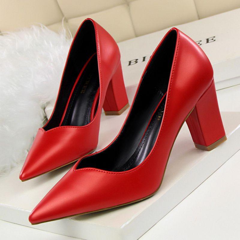 TIY Women Shoes Vintage Fashion Upper Triangle Cut Out Design Chunky Heel Pointed-toe Heel Shoes TIY