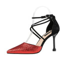 Women Sexy Sequins Upper Color Blocking Buckle Strap Stiletto Sandals Shoes