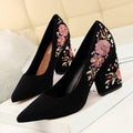 Women Vintage Suede Upper Flower Embroidery Square Chunky Heel Shoes