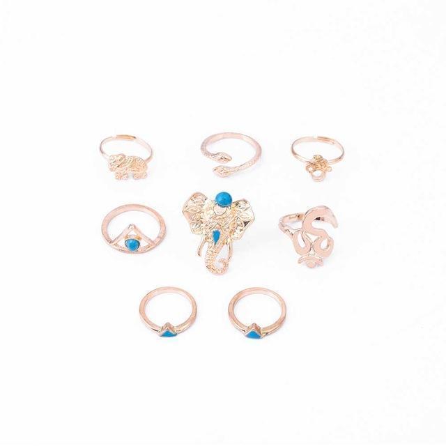 TOMTOSH 2017 8pcs /Pack Boho Retro Elephant Snake Blue gem Rings Lucky Stackable Midi Rings Set of Rings for Women Party-Gold-JadeMoghul Inc.