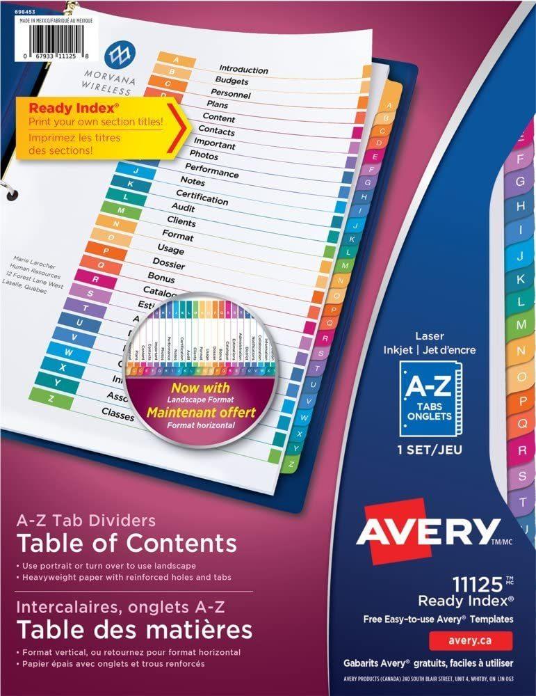 Avery Ready Index A-Z Tab Binder Dividers Customizable Table of Contents Multicolour Tabs 1 Set (11125)