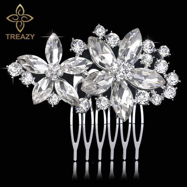 TREAZY Leaf Flower Butterfly Wedding Tiara Diamante Silver Plated Crystal Pearl Hair Combs Hairpins Bridal Jewelry Accessories