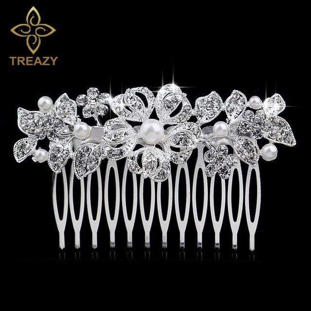 TREAZY Leaf Flower Butterfly Wedding Tiara Diamante Silver Plated Crystal Pearl Hair Combs Hairpins Bridal Jewelry Accessories