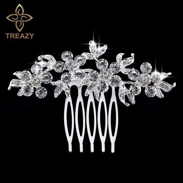 TREAZY Leaf Flower Butterfly Wedding Tiara Diamante Silver Plated Crystal Pearl Hair Combs Hairpins Bridal Jewelry Accessories