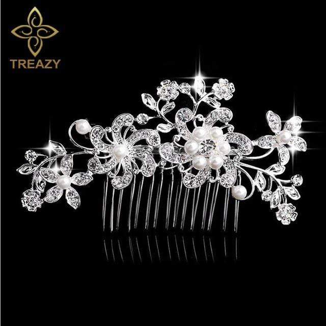 TREAZY Leaf Flower Butterfly Wedding Tiara Diamante Silver Plated Crystal Pearl Hair Combs Hairpins Bridal Jewelry Accessories