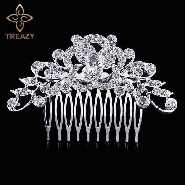 TREAZY Leaf Flower Butterfly Wedding Tiara Diamante Silver Plated Crystal Pearl Hair Combs Hairpins Bridal Jewelry Accessories