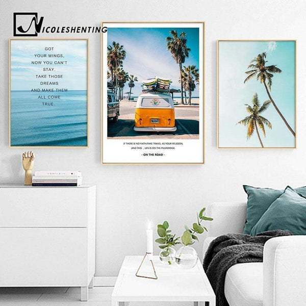 Tropical Sea Palm tree Bus Landscape Wall Art Canvas Poster Nordic Motivational Prints Painting Wall Picture for Living Room