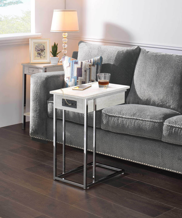 Tubular Metal Base Wooden Side Table with USB Dock and Open Shelve, White and Silver-Side & End Tables-White and Silver-Metal, USB Dock, Engineered Wood-JadeMoghul Inc.