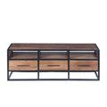 Tv Stands Spacious Acacia Wood Tv Unit With Metal Frame, Walnut Brown and Black Benzara