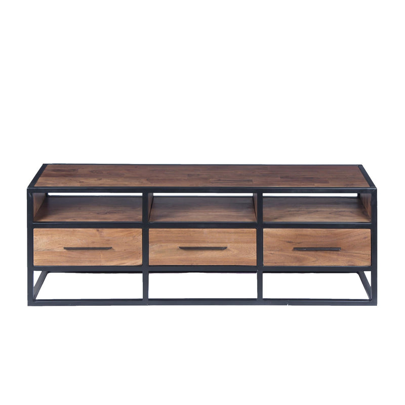 Tv Stands Spacious Acacia Wood Tv Unit With Metal Frame, Walnut Brown and Black Benzara