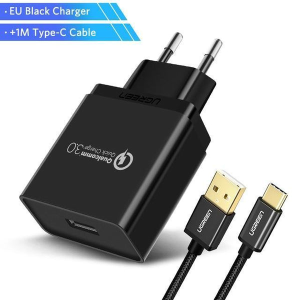 Ugreen USB Charger 18W Quick Charge 3.0 Mobile Phone Charger for iPhone Fast QC 3.0 Charger for Huawei Samsung Galaxy S9+ S8+-China-Black Type C-JadeMoghul Inc.