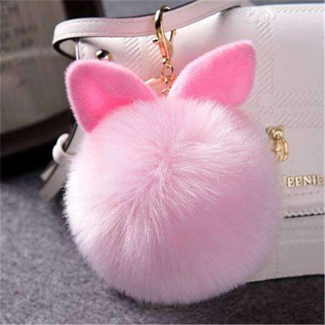 Ultra Soft Pom Pom Bunny Ears Key Chain Charm-pink-JadeMoghul Inc.