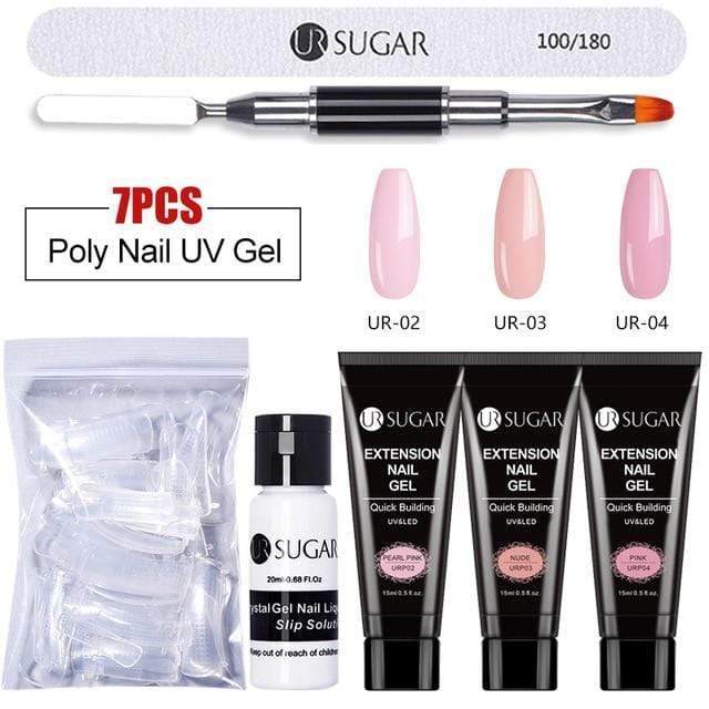 UR SUGAR 15ml Poly UV Nail Gel Kit Acrylic Set Extend Fast Builder UV Gel Slip Solution Nail Form Nail Art Brush Nail Tool Kit AExp