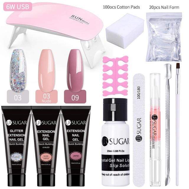 UR SUGAR 15ml Poly UV Nail Gel Kit Acrylic Set Extend Fast Builder UV Gel Slip Solution Nail Form Nail Art Brush Nail Tool Kit AExp