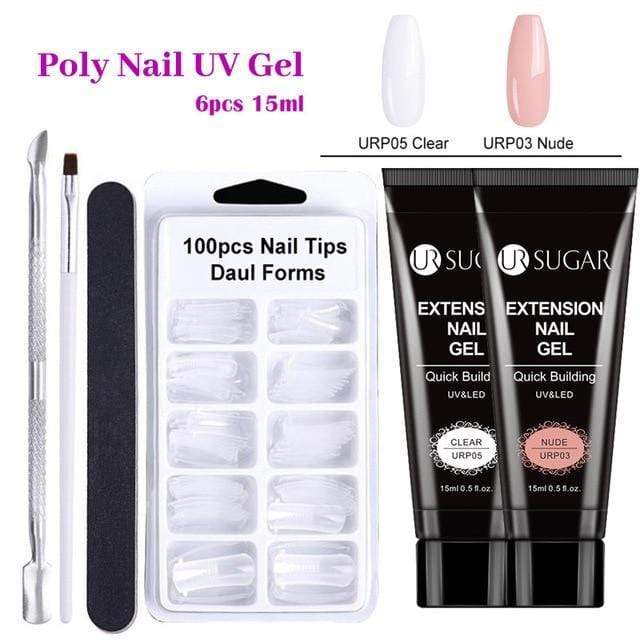 UR SUGAR 15ml Poly UV Nail Gel Kit Acrylic Set Extend Fast Builder UV Gel Slip Solution Nail Form Nail Art Brush Nail Tool Kit AExp