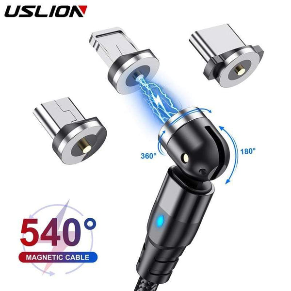USLION 540 Degree Roating Magnetic Cable Micro USB Type C Phone Cable For iPhone11 Pro XS Max Samsung Xiaomi USB Cord Wire Cable AExp
