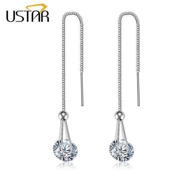 USTAR Water Drop long Earrings for women 2.0ct AAA Round cut Cubic Zirconia wedding Jewelry stud Earrings female brincos  gift