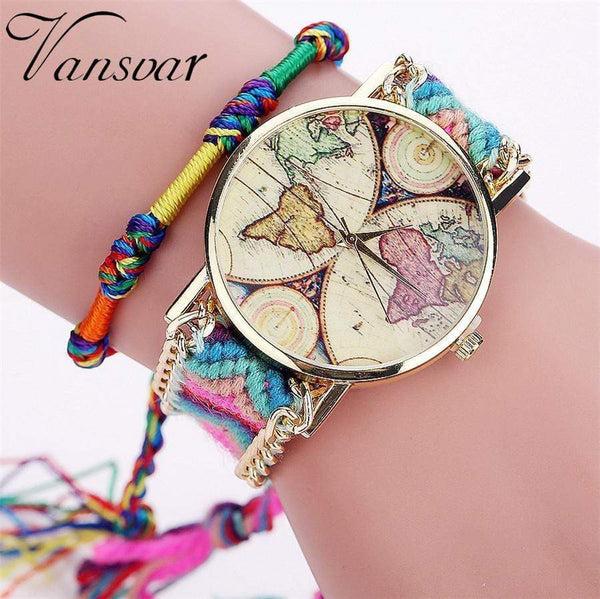 Vansvar Brand Handmade Braided World Map Friendship Bracelet Watch Rope Ladies Quartz Watch Relogio Feminino Drop Shipping 2040 AExp