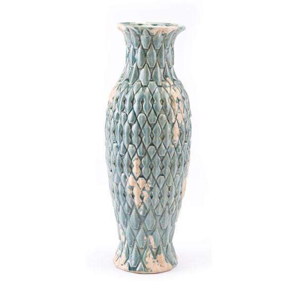 Vases Blue Vase - 6.3" X 6.3" X 17.3" Distressed Blue Ceramic Vase With Jewel-Like Shapes HomeRoots