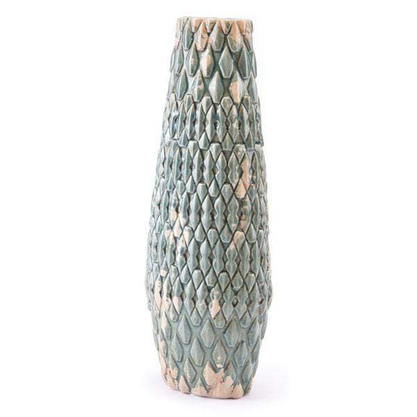 Vases Blue Vase - 7.1" X 5.3" X 19.7" Distressed Blue Ceramic Vase With Jewel-Like Shapes HomeRoots