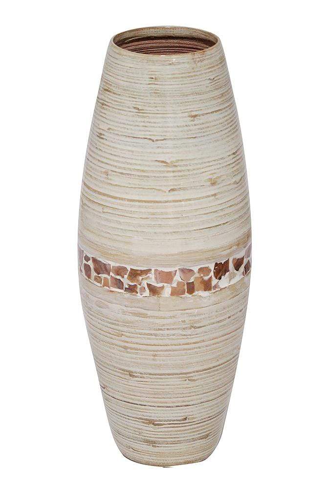 Vases Decorative Vases - 9'.45" X 9'.45" X 24" Distressed White W/ Coconut Shell Bamboo Spun Bamboo Vase HomeRoots