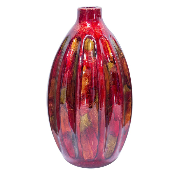 Vases Gold Vase - 6'.75" X 6'.75" X 13" Copper, Red, Gold Ceramic Foiled & Lacquered Ridged Gourd Vase HomeRoots