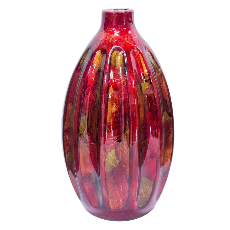 Vases Gold Vase - 6'.75" X 6'.75" X 13" Copper, Red, Gold Ceramic Foiled & Lacquered Ridged Gourd Vase HomeRoots