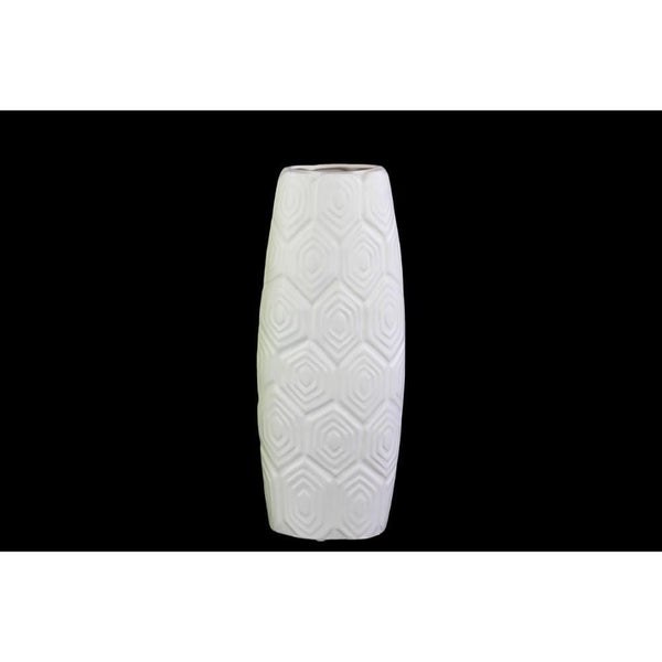 Vases Oval Shape Ceramic Vase With Embossed Geometric Pattern, Matte White Benzara