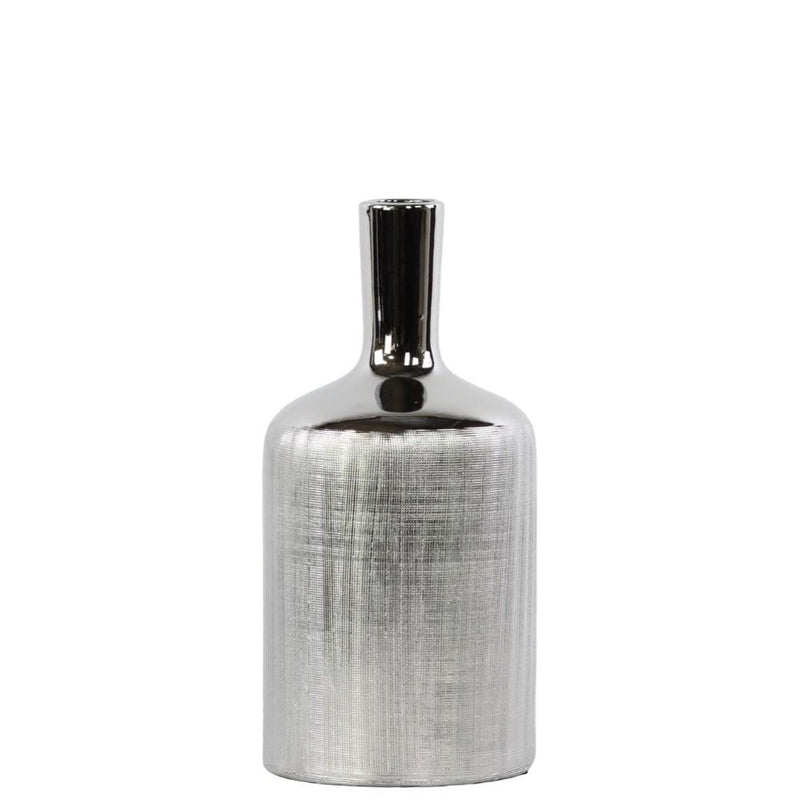 Patterned Bottle Shaped Ceramic Vase With Long Elongated Neck, Medium, Silver-Vases-Silver-Ceramic-JadeMoghul Inc.