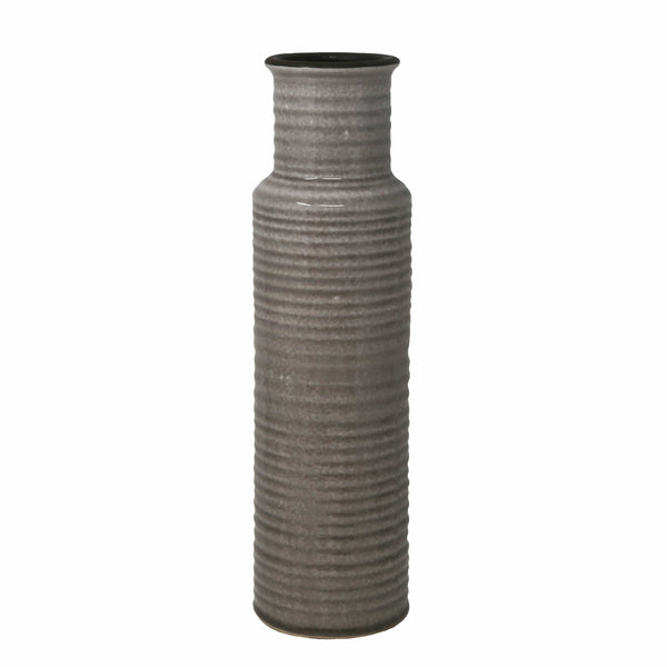 Vases Ribbed Pattern Cylindrical Ceramic Vase with Flared Mouth Rim, Gray, Large Benzara