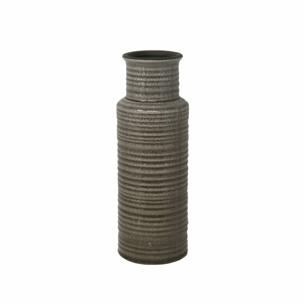 Vases Ribbed Pattern Cylindrical Ceramic Vase with Flared Mouth Rim, Gray, Small Benzara