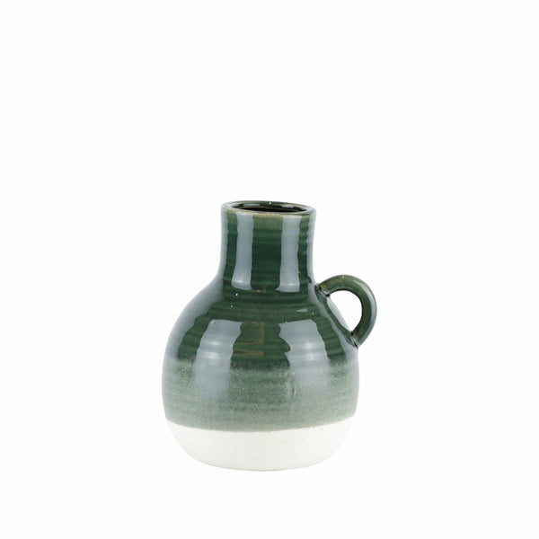 Vases Ribbed Patterned Ceramic Vase with Handle, Small, Green and White Benzara