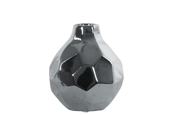 Vases Round Bellied Ceramic Vase With Short Neck, Small, Silver Benzara