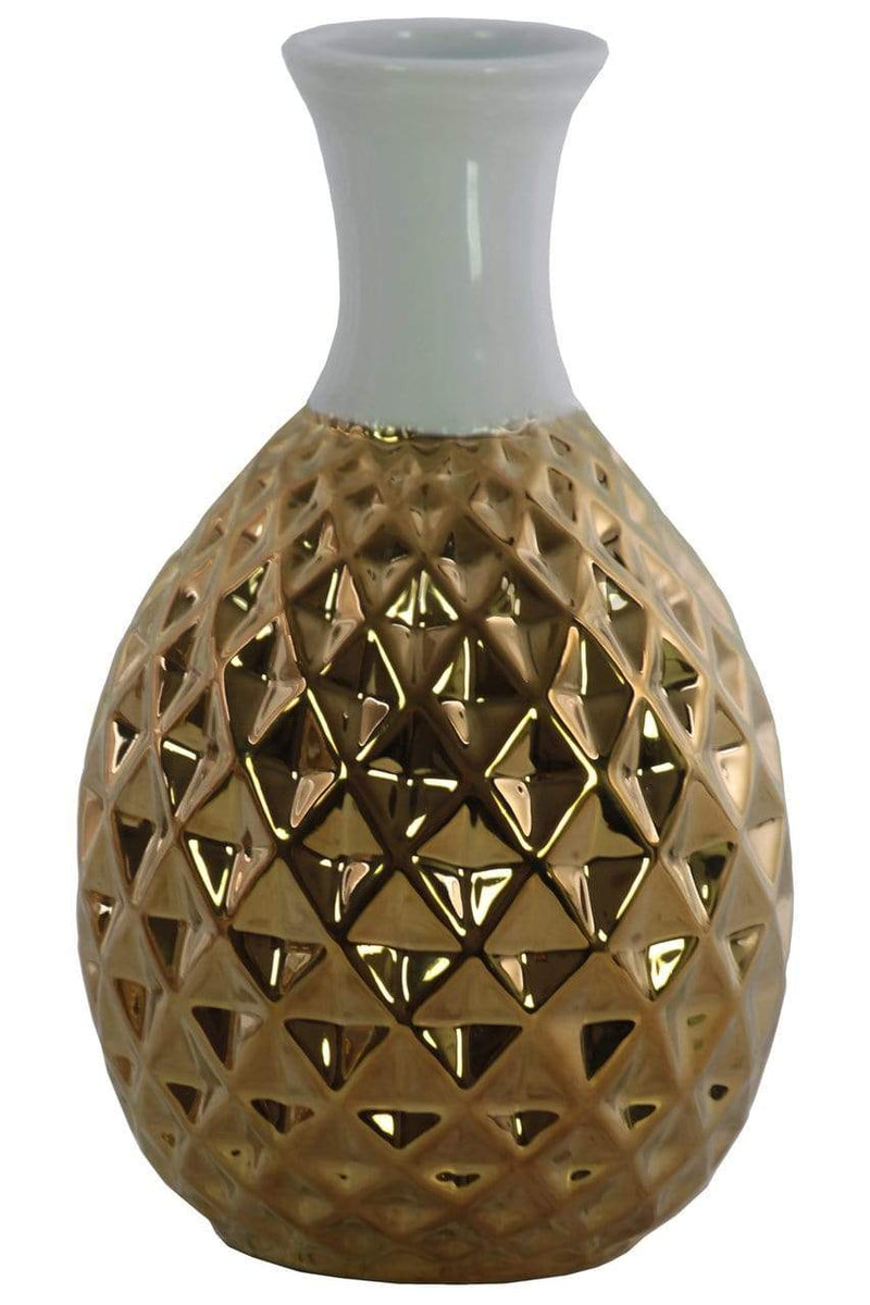 Vases Round Ceramic Belied Vase with Engraved Diamond Pattern, Chrome Gold Benzara