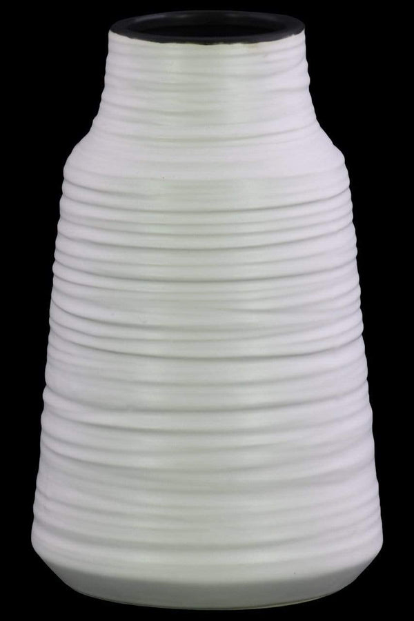 Vases Round Ceramic Vase With Combed Design, Large, White Benzara