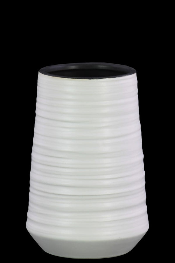 Vases Round Ceramic Vase With Combed Design, Medium, White Benzara