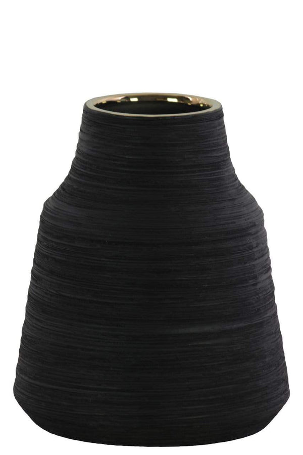 Vases Round Ceramic Vase With Combed Design, Small, Black Benzara