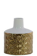 Vases Round Ceramic Vase With Engraved Double Diamond Pattern, Small, Gold And White Benzara