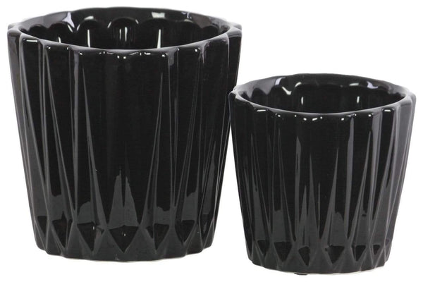 Vases Round Ceramic Vase With Ribbed Pattern, Set of 2, Black Benzara