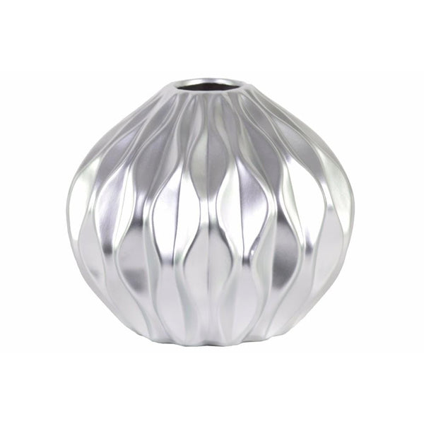 Vases Round Low Vase with Round and Small Lip, Wave Design- Silver- Benzara Benzara