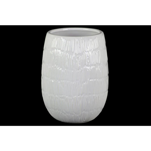 Vases Round Shaped Ceramic Vase with Embossed Lines Design, Large, Glossy White Benzara