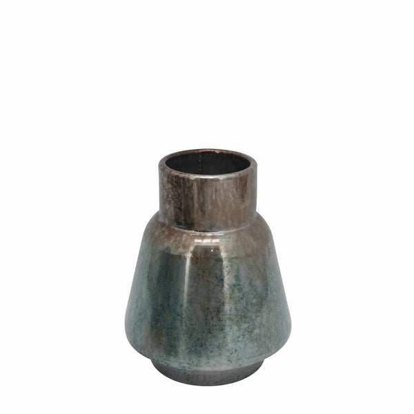 Vases Rustic Style Metal Vase with Round Top and Flared Body, Small, Bronze and Blue Benzara