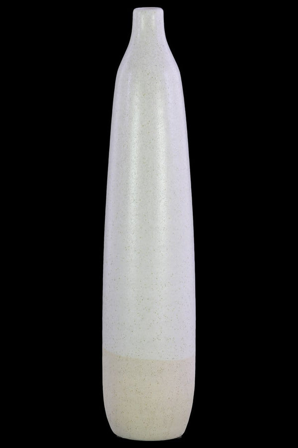 Vases Short Neck Bottle Vase With Cream Banded Rim Bottom In Ceramic, White Benzara
