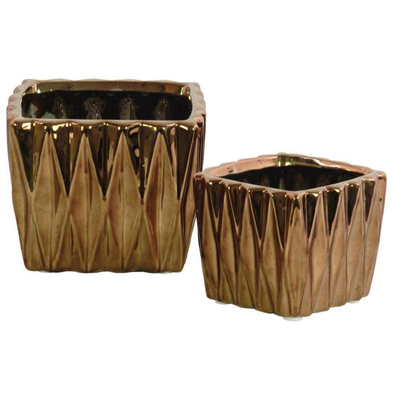 Vases Square Ceramic Vase With 3D Triangle Pattern, Set Of 2, Copper Benzara