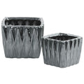 Vases Square Ceramic Vase With 3D Triangle Pattern, Set Of 2, Silver Benzara
