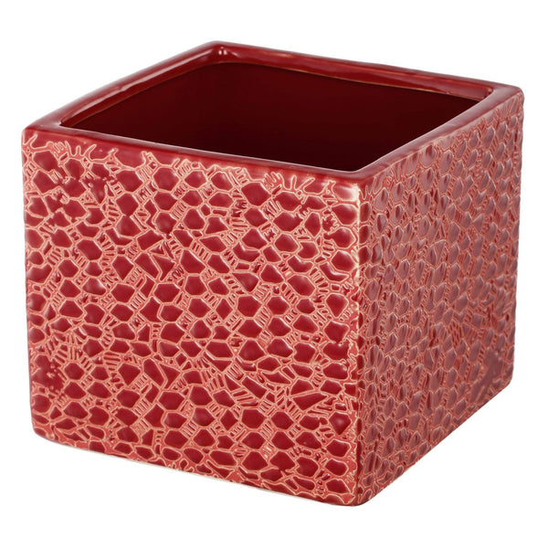 Vases Square Shape Stoneware Vase with intricate Pattern, Short, Red Benzara