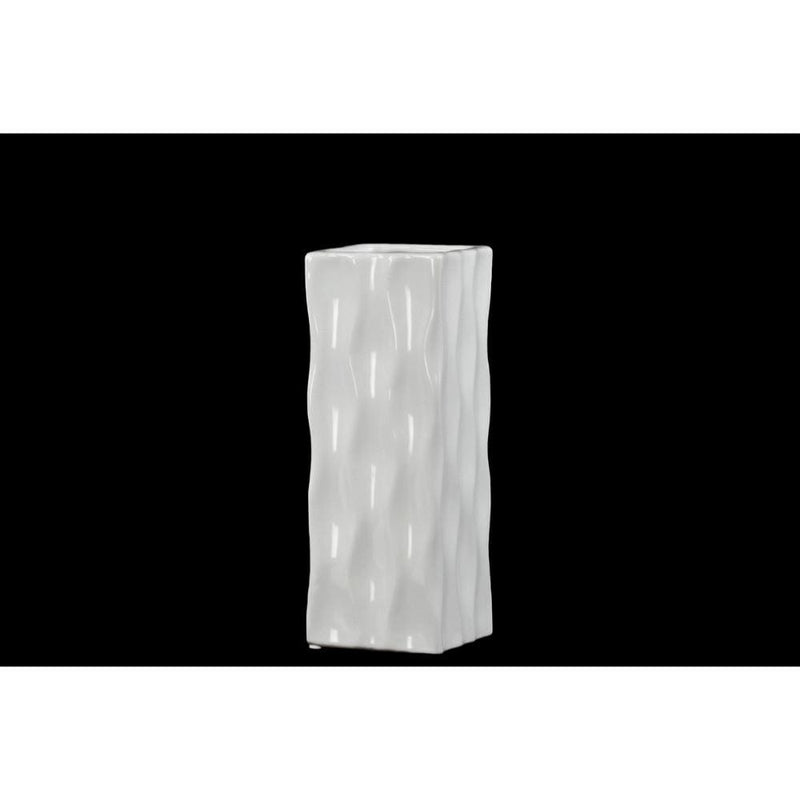 Vases Square Shaped Ceramic Vase With Wavy Pattern, Small, Glossy White Benzara