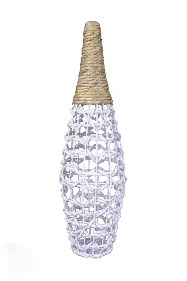 Vases Tall Floor Vases - 12" X 12" X 38" White And Natural Water Hyacinth Water Hyacinth Woven Floor Vase HomeRoots